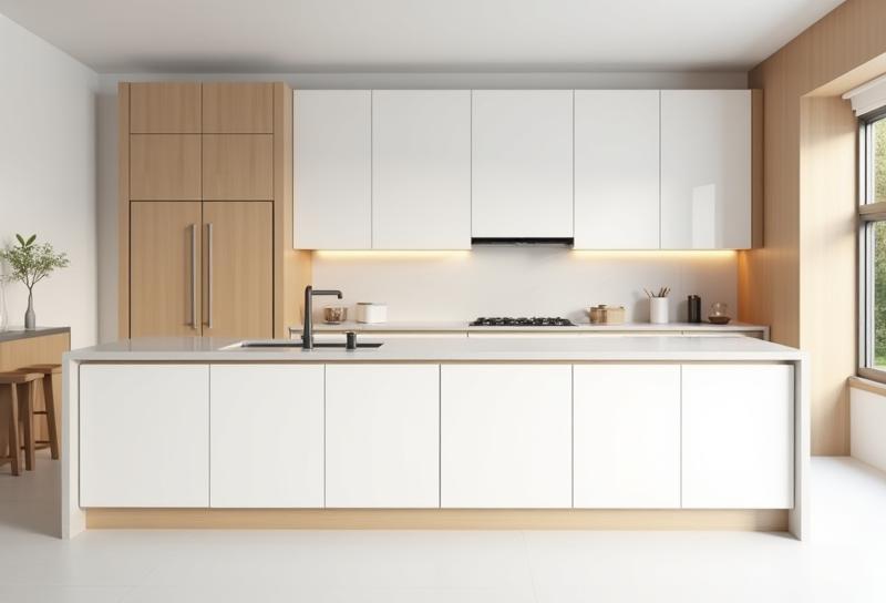 Cucina contemporanea bianca con dettagli in legno a Scandiano